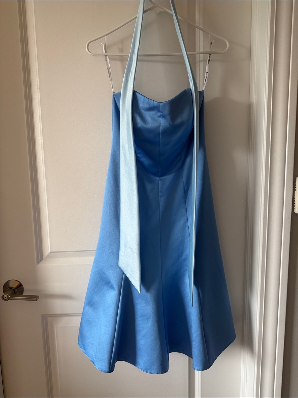 David's Bridal Light Blue Strapless A-Line Dress with Halter Tie